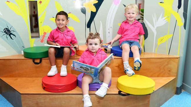 Kim Lawton's grandchildren Hazley, Betsy and Burkley, at the Townsville University Hospital palliative care unit. Picture: Shae Beplate