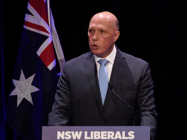 Home Affairs Minister Peter Dutton speaks at tribute dinner for Tony Abbott. Picture: AAP’s Bianca De Marchi