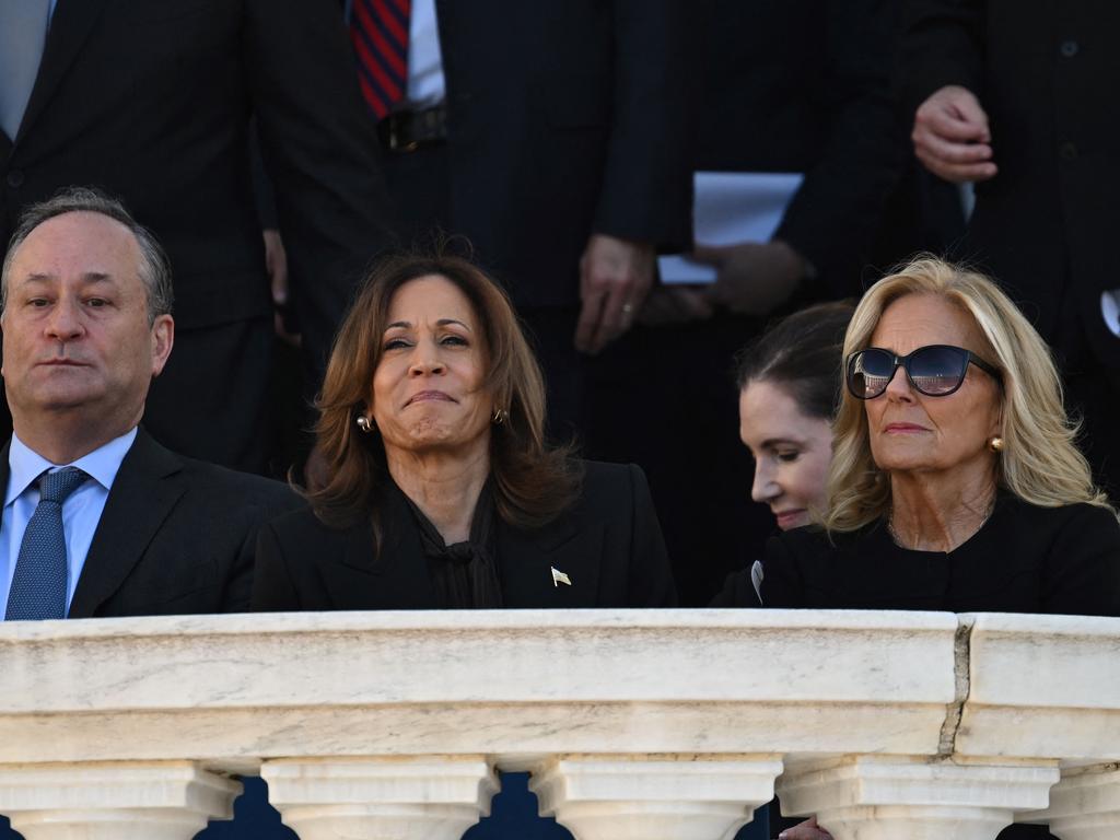 US Second Gentleman Doug Emhoff (L), Vice President Kamala Haris (C) and First Lady Jill Biden listen to President Joe Biden deliver remarks. Picture: AFP