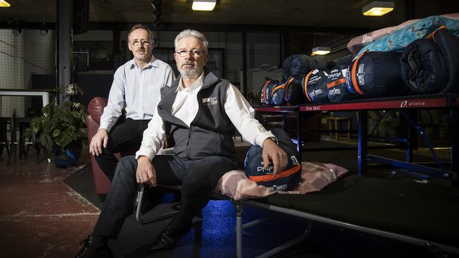 State manager of the Salvation Army Dr Jed Donoghue and City Mission CEO John Stubley at the safe night space in Hobart in Collins Street. Picture: LUKE BOWDEN