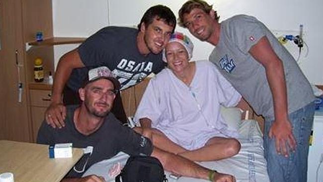 Kate Rootsey in hospital with friends before her double lung transplant.