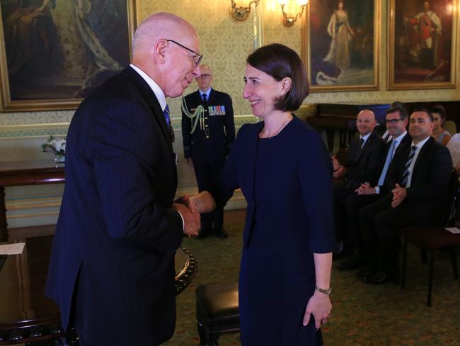 Ms Berejiklian is sworn in as Premier by Governor Hurley at Government House. Picture: Toby Zerna