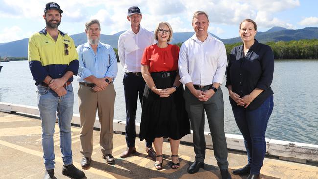 The federal Labor Party in 2022 committed $150 million for the Cairns Marine Precinct, matching the State Labor government's $150 million already committed. Owner of SMC Marine Peter Philipp, former Ports North Chairman Russell Beer, former Minister for Transport and Main Roads Mark Bailey, former Labor candidate for Leichhardt Elida Faith, former Deputy Premier Steven Miles and Queensland Senator Nita Green. Picture: Brendan Radke