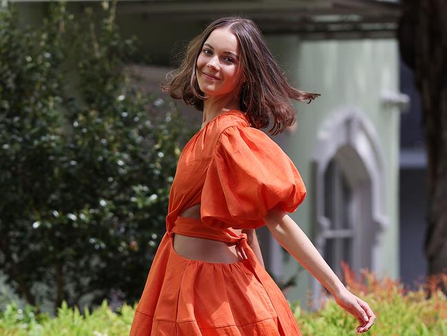 Vogue model Lily Boston wearing the Cosette Tie Back Midi Dress by designer label Aje to announce the launch of Vogue Fashion Night Out Sydney. Jane Dempster/The Australian.