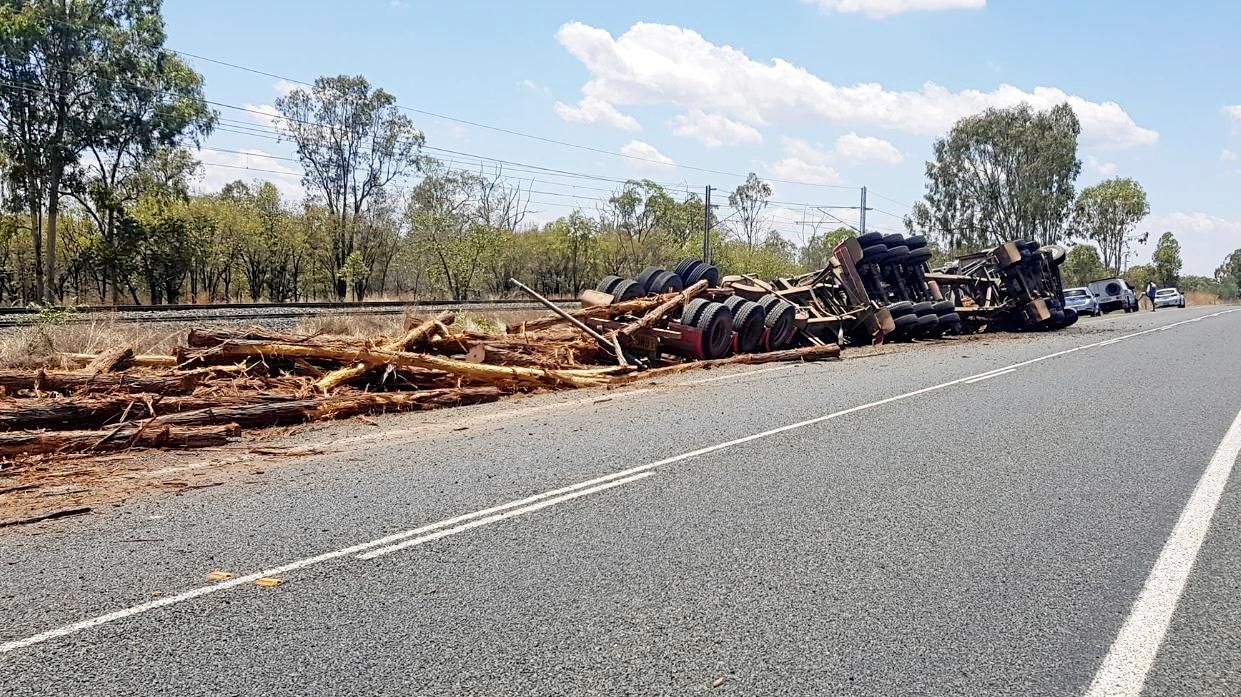 A logging truck rolled on the Capricorn Highway on Wednesday. Picture: Michael Welburn