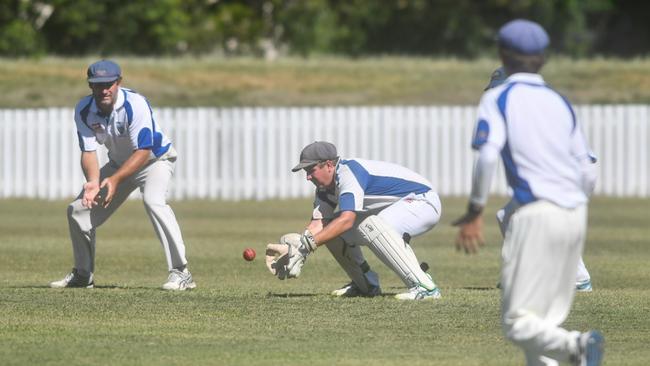 Hayden McMahon watches one come to his gloves for Harwood in the NCCC Premier League.