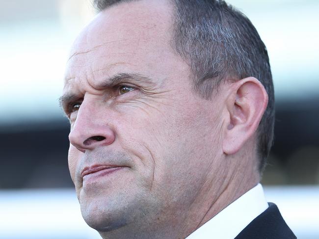 SYDNEY, AUSTRALIA - JULY 13: Trainer Chris Waller celebrates after Sam Clipperton riding Aramco wins Race 9 Toyota Forklifts during Sydney Racing at Royal Randwick Racecourse on July 13, 2024 in Sydney, Australia. (Photo by Jeremy Ng/Getty Images)