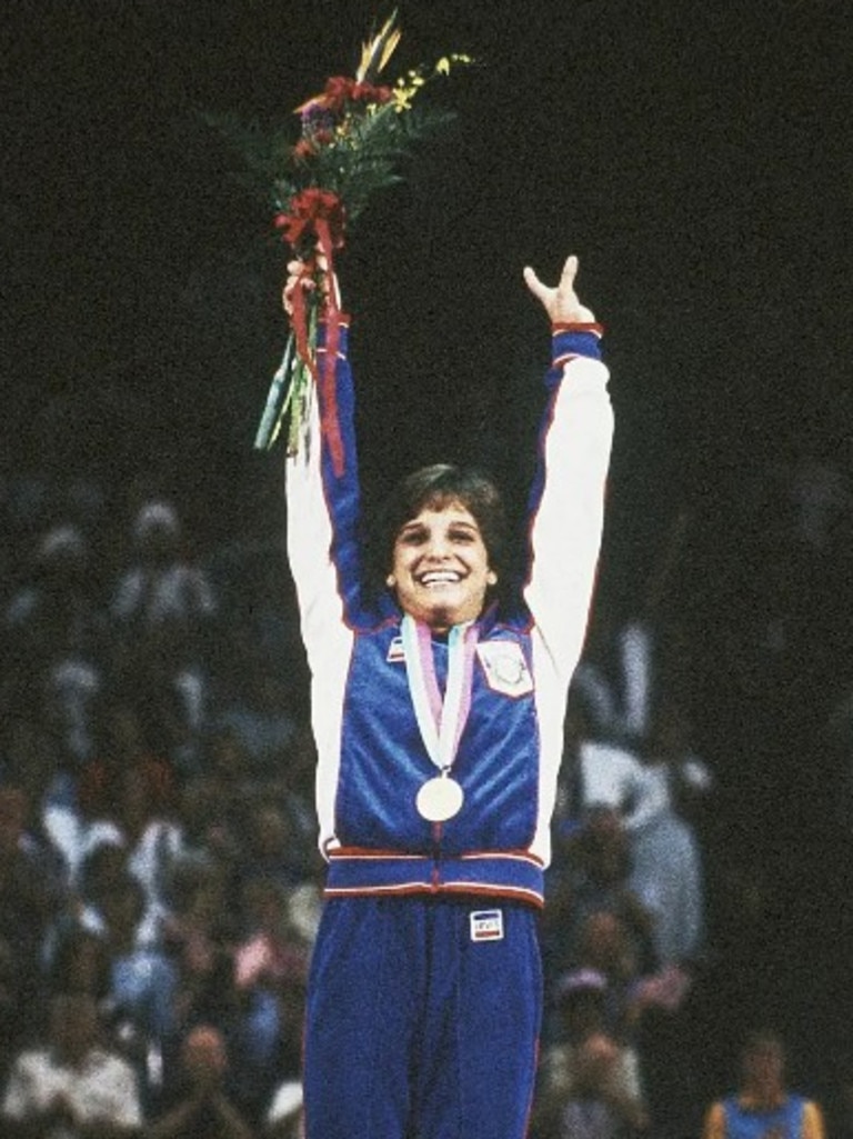 Mary Lou Retton taking gold in Los Angeles 1984 in the women’s individual all-around gymnastics final.