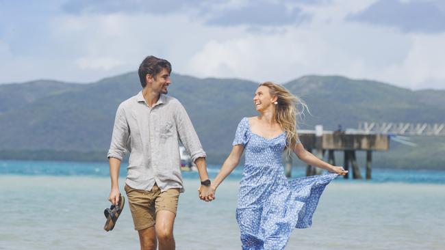 Brooke Finney 25, and Michael Downes 28, enjoy a day out on Thursday Island as part of the inaugural Strait Experience enabling tourists to explore the Torres Strait in a day trip from Cairns. Picture Lachie Millard