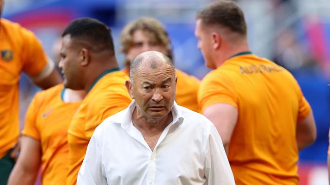 PARIS, FRANCE - SEPTEMBER 09: Eddie Jones, Head Coach of Australia, during the warm up prior to the Rugby World Cup France 2023 match between Australia and Georgia at Stade de France on September 09, 2023 in Paris, France. (Photo by Warren Little/Getty Images)