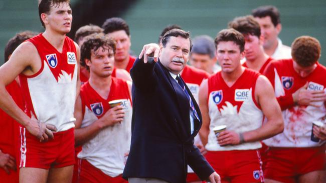 Barassi while coaching the Swans in 1993. Picture: Getty Images