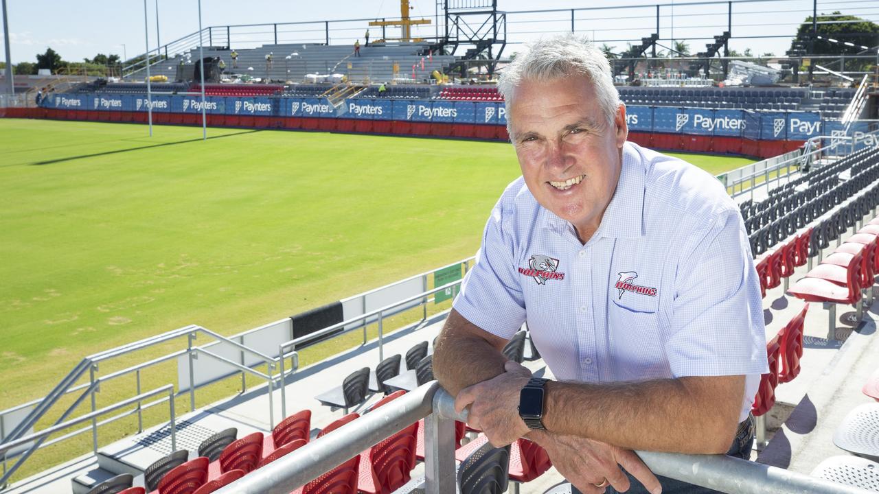 Dolphins CEO Tony Murphy poses for a photograph with the new Northern stand being constructed in the background. May 15, 2020. Picture: Renae Droop