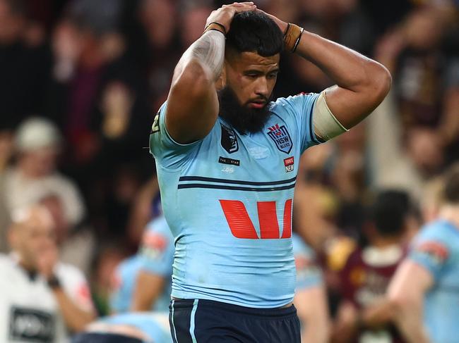 BRISBANE, AUSTRALIA - JUNE 21:  Payne Haas of the Blues reacts after losing game two of the State of Origin series between the Queensland Maroons and the New South Wales Blues at Suncorp Stadium on June 21, 2023 in Brisbane, Australia. (Photo by Chris Hyde/Getty Images)