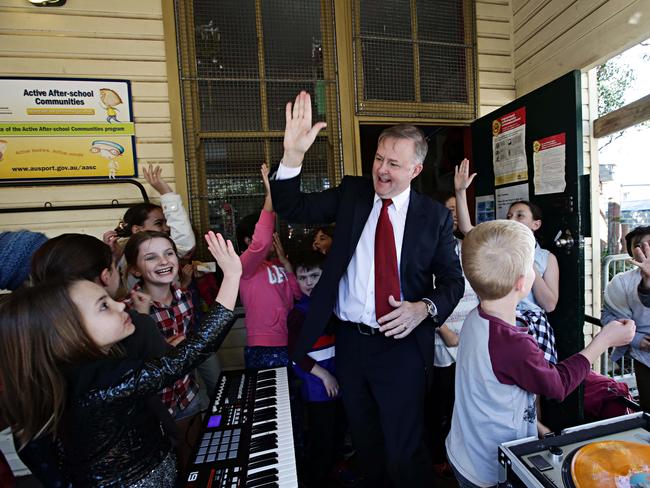 Grayndler labor incumbent Anthony Albanese DJing to Shake it off by Taylor Swift at Annandale Public School after he cast his vote for the federal election. Picture: Adam Yip