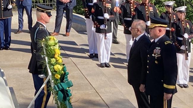 Anthony Albanese lays a wreath at Arlington National Cemetery, at the tomb of the unknown soldier. Picture: Geoff Chambers