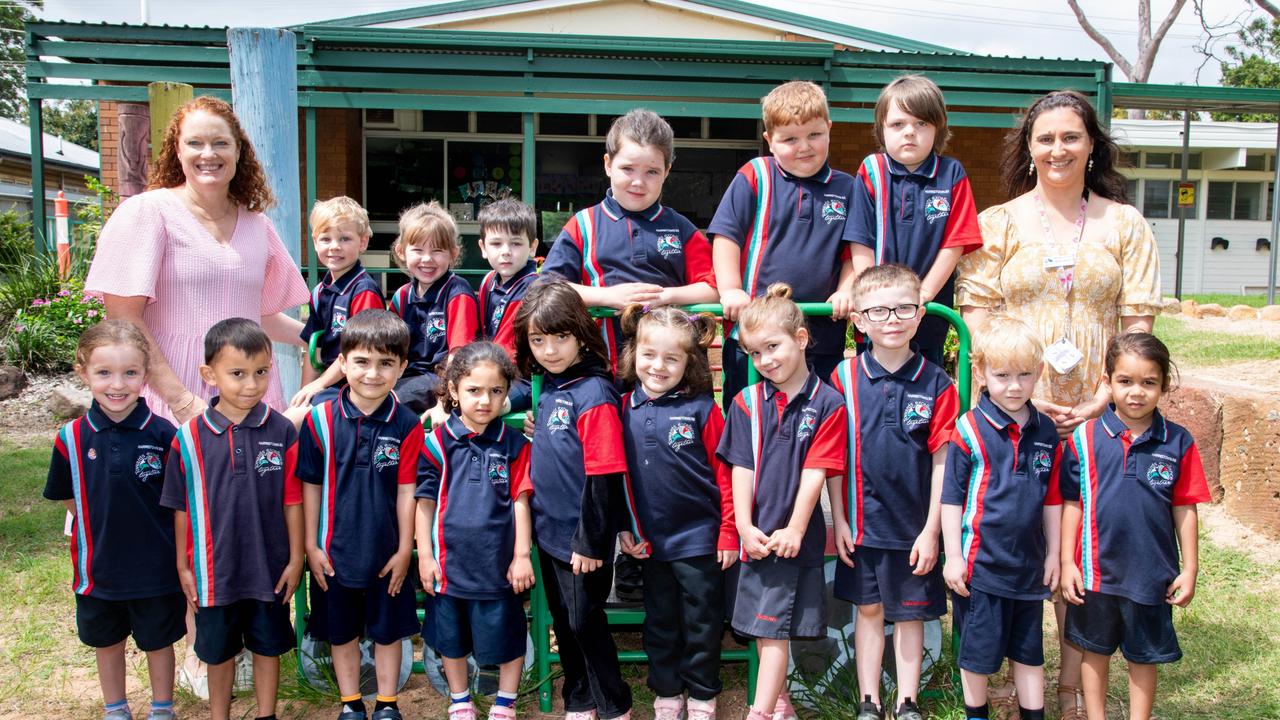 MY FIRST YEAR 2024: Harristown State School Prep B Dolphins with teaching staff Tina Walsh (left) and Melissa Spence, February 2024. Picture: Bev Lacey