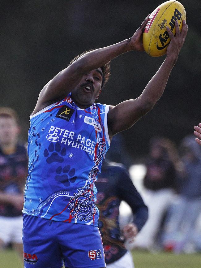 Central District’s Isaiah Dudley takes a strong mark against Adelaide at Nuriootpa Oval. Picture: Peter Argent (SANFL)