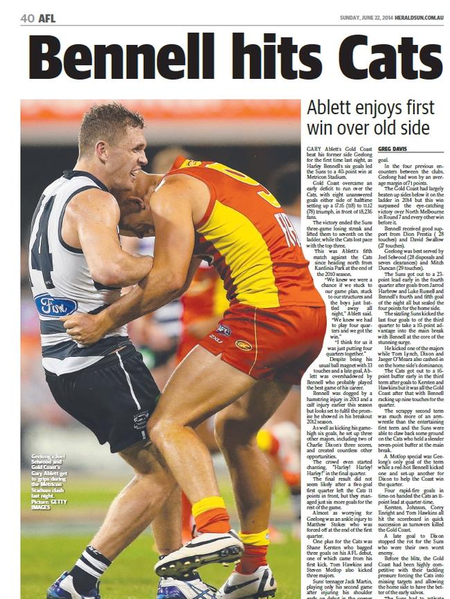 How the Sunday Herald Sun covered Harley Bennell’s breakout game in 2014.