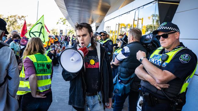 Climate activists gathered at Adelaide Convention Centre on Monday to protest an oil and gas conference. Picture: Tom Huntley