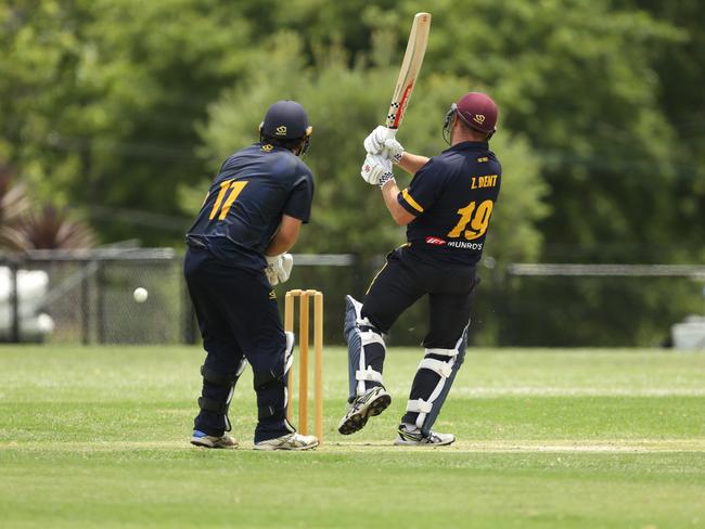 Heathmont batsman Zack Dent on the attack against Mont Albert. Picture: Stuart Milligan