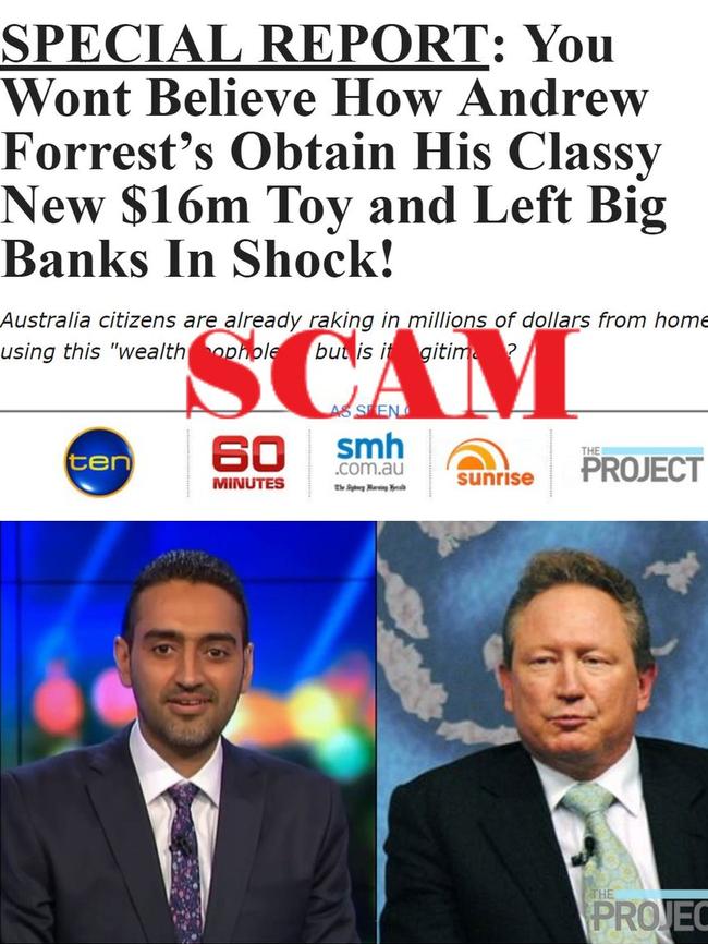 An example of one of the crypto scam ads circulating about Twiggy Forrest and his wealth. Picture via Twitter