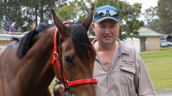 Embargoed for The Daily Telegraph.    The Big Dance race preview.   Trainer Glen Milligan with horse Charmmebaby who will be running in the Big Dance pictured at Port Macquarie racetrack on Port Macquarie cup day., Picture Shane Chalker