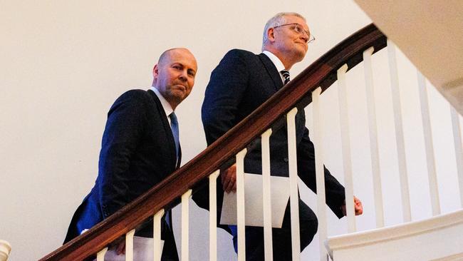 Josh Frydenberg, left, and Scott Morrison in Melbourne on Tuesday. Picture: Jason Edwards