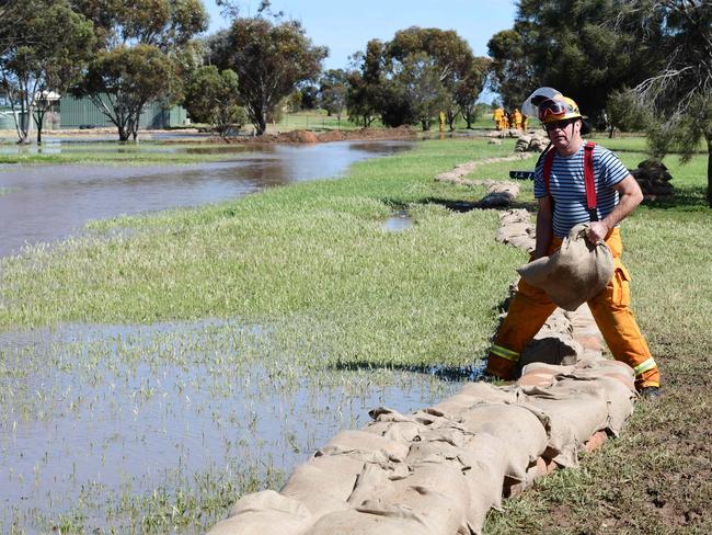 Alma CFS volunteer Richard Gregory laying sand bags on Port Wakefield golf course to divert flood waters away from the township. Picture Campbell Brodie.