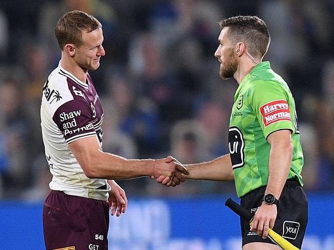 Daly Cherry-Evans of the Sea Eagles shakes hands with touch judge Peter Gough following the Round 4 NRL match between the Parramatta Eels and the Manly Warringah Sea Eagles at Bankwest Stadium in Sydney, Saturday, June 6, 2020. (AAP Image/Dan Himbrechts) NO ARCHIVING, EDITORIAL USE ONLY