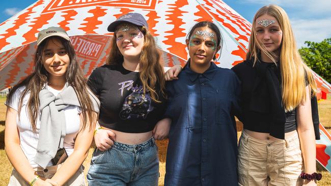 Kellie MelfiJone, Hannah Baczynski, Latoya Djumadi and Darcy Allen at BASSINTHEGRASS 2023. Picture: Pema Tamang Pakhrin