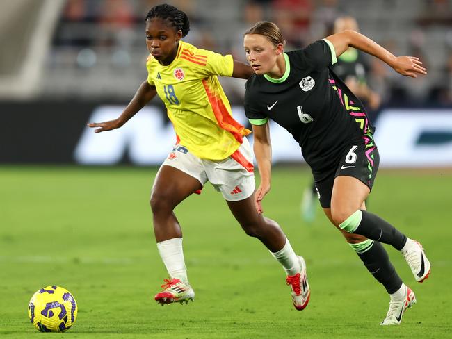 Colombia’s Linda Caicedo and Matildas’ Alana Murphy battle for possession. Picture: Getty Images