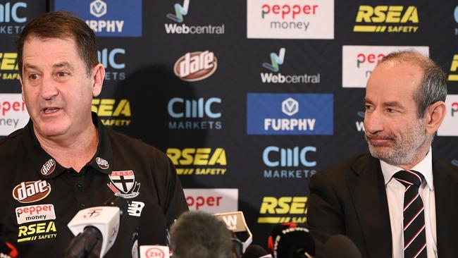 MELBOURNE, AUSTRALIA - OCTOBER 24: Ross Lyon the new coach of the Saints and club president Andrew Bassat speak to the media during a St Kilda Saints AFL press conference at RSEA Park on October 24, 2022 in Melbourne, Australia. (Photo by Quinn Rooney/Getty Images)