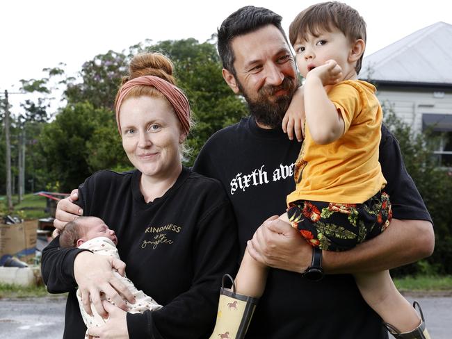 Mullumbimby’s Brad Eggleton with his partner Brooke, their son Lucius, 3, and baby Elora, six-days-old. Picture: Jonathan Ng