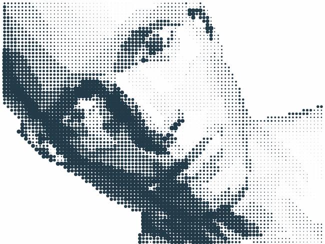 Abstract man head made from dots. Facial recognition. Close-up portrait of a man. Digital vision. Security technology and surveillance. Pixel art. 3D vector illustration.