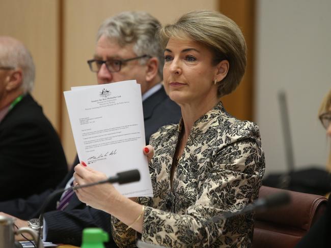 Michaelia Cash tables a document at a Senate Education and Employment Legislation Committee at Parliament House in Canberra. Picture Kym Smith