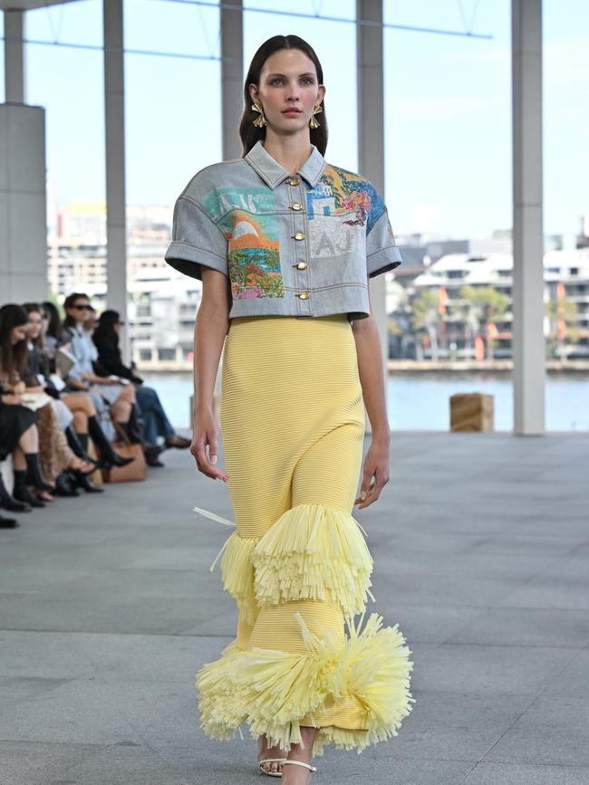 Texture! A model walks the runway during the Aje show at Australian Fashion Week 2025 at Pier Pavilion Barangaroo on May 14, 2025 in Sydney, Australia. (Photo by James Gourley/Getty Images)