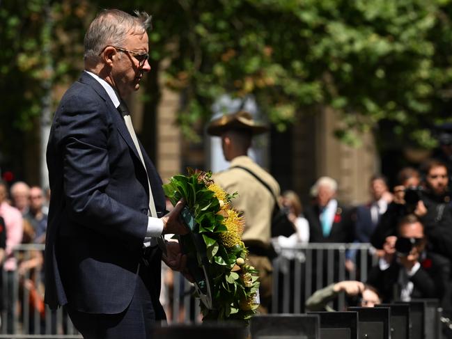 Australian Prime Minister Anthony Albanese lays a wreath during a Remembrance Day 2022 Ceremony at the Cenotaph in Sydney, Friday, November 11, 2022. (AAP Image/Pool, Dean Lewins)