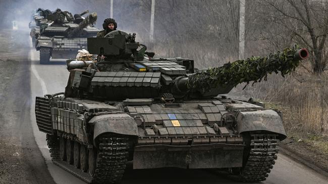 Ukrainian T64 tanks move towards Bakhmut. Picture: AFP