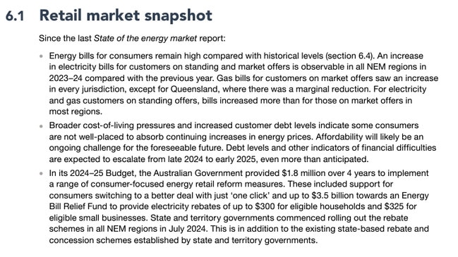 The section of the AER State of the Energy Markets 2024 report before it was altered. Picture: aer.gov.au