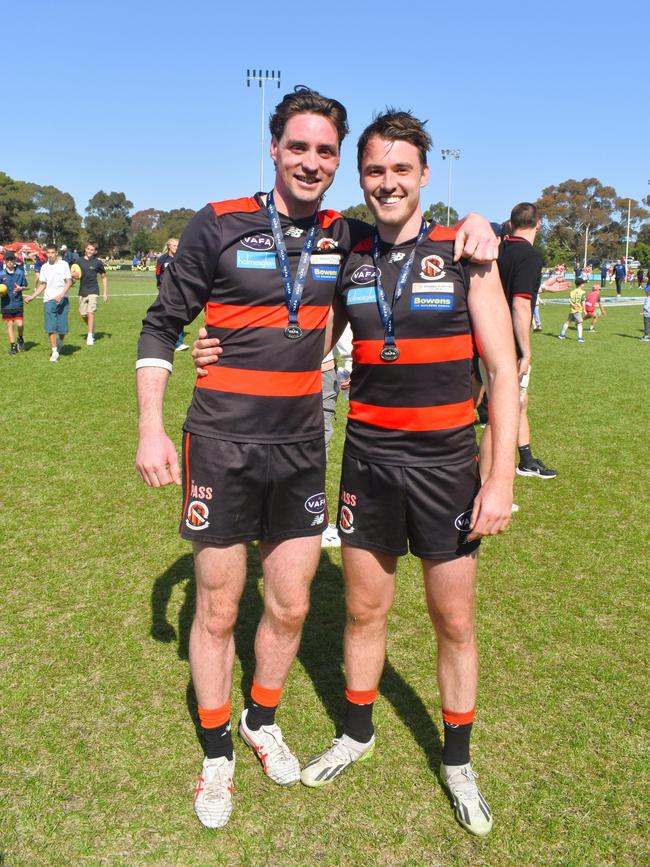 The Victorian Amateur Football Association (VAFA) William Buck Premier Men’s Grand Final Match — Old Brighton vs. Old Scotch — Friday, September 27, 2024: Premier Reserves Retirees Joe Tobin and Fraser Pearce. Picture: Jack Colantuono