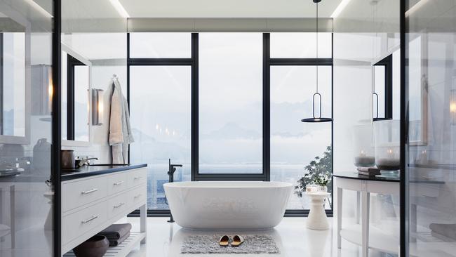 A contemporary luxury white bathroom complete with bathtub.