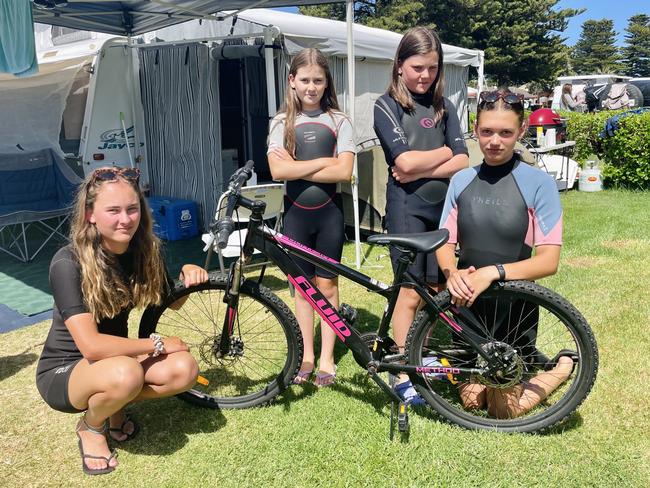 Young teens holidaying at Surfside Holiday Park Molly, Amity, Ruby and Milla were glad their bikes were safe but are not happy with the thieves. Picture: Jack Colantuono