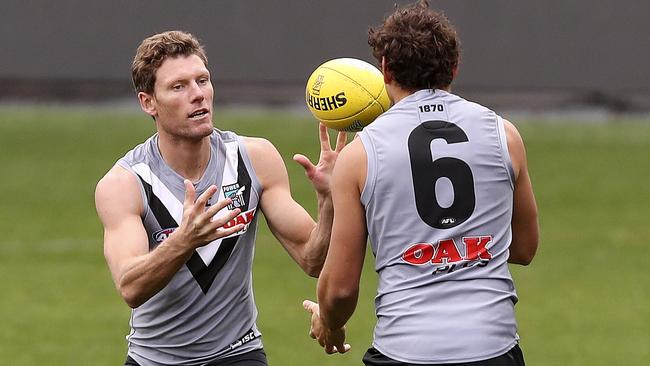 13/06/18 - AFL - Port Adelaide training at The Adelaide Oval. Brad Ebert and Steven Motlop.  Picture SARAH REED