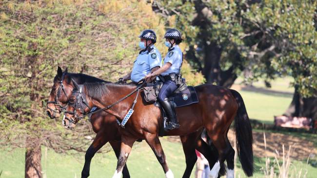 Mounted police officers patrol near Victoria Park in Sydney. Picture: NCA NewsWire / Dylan Coker