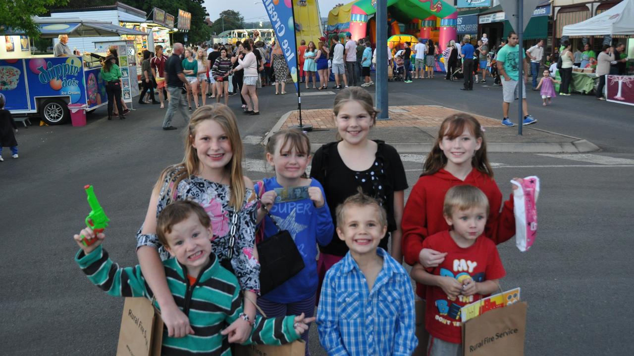 <p>GOOD TIMES: Leland Groves, Kayden Slater-Steel, Dominic Meissner, (back) Chevelle Longhurst, Tiffany Groves, Jorja Longhurst and Chloe Groves get excited at the Mardi Gras. Photo Katie Cameron / Warwick Daily News</p>