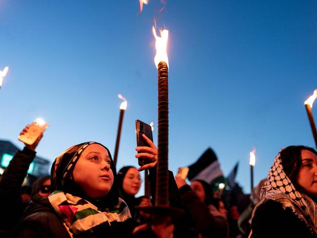 Pro-Palestinian protestors take part in a rally in Copenhagen, Denmark on October 14, 2023. A pro-Palestinian rally attracted some 1,000 people to downtown Copenhagen Saturday as Danes showed opposition to a huge Israeli military response in Gaza to last week's bloody incursion into Israel by Hamas. (Photo by Rasmus Flindt Pedersen / Ritzau Scanpix / AFP) / Denmark OUT