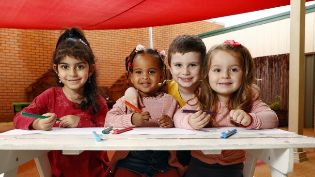 Liverpool children Merna Said, Aseel Siddig, Maximus Karantonis and Emilia Romovic have the advantage of being able to attend childcare with kids their own age. Picture: Richard Dobson