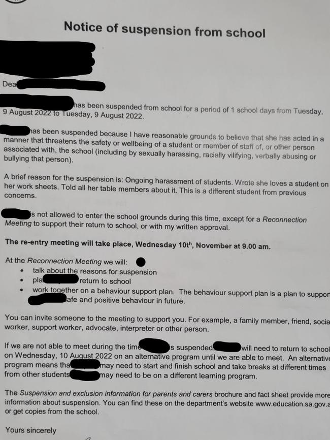 The warning letter from the school suspending the seven year old student and suggesting her love note was "sexual harassment". Picture: Frank Pangallo.