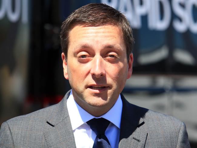 Matthew Guy has maintained a straight face standing at lectern after lectern trumpeting ‘if elected in November I will make Victoria safe again’. Picture: Aaron Francis