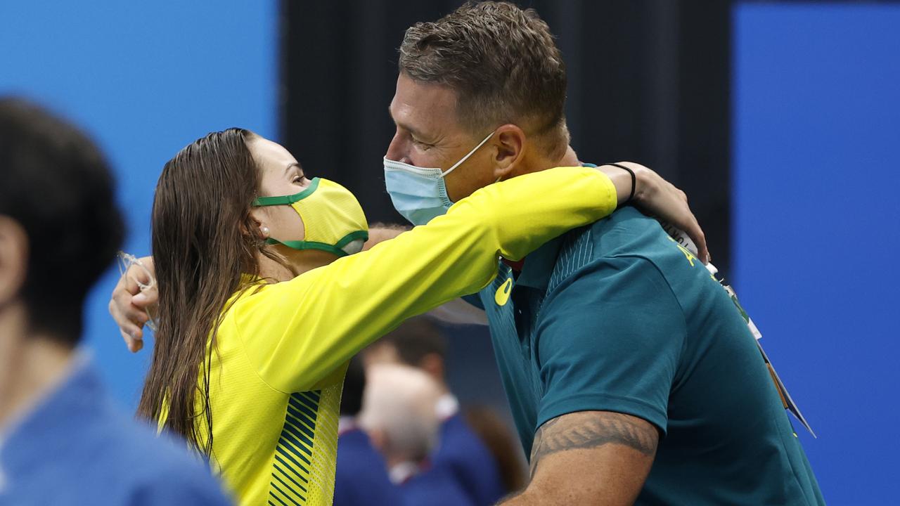 McKeown hugs coach Chris Mooney in Tokyo. Picture: Alex Coppel